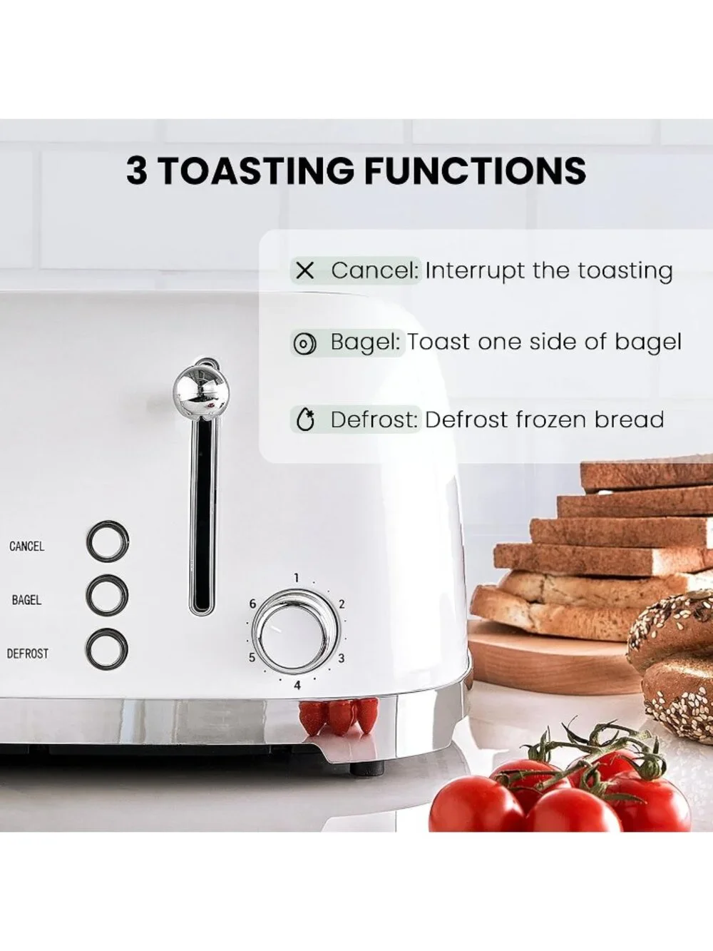 4 Slice White Retro Stainless Steel with Bagel Defrost Cancel Function Toaster